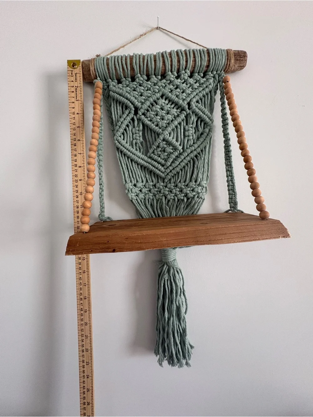 Handmade Macramé Wall Shelf in Sage Green with Wooden Beads